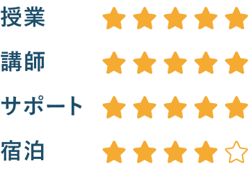 授業星5つ、講師星5つ、サポート星5つ、宿泊星4つ
